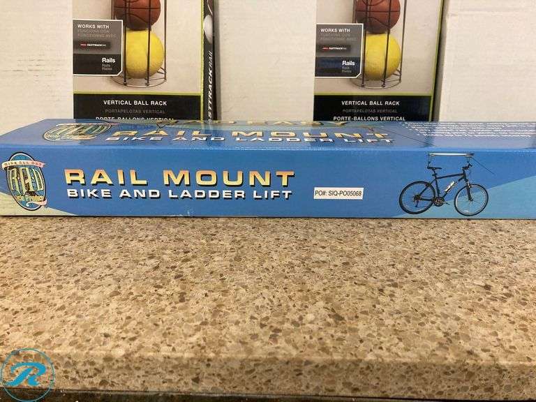 (5) New- (4) Rubbermaid Foottrack garage 37" satin nickel Steel ball Rack (1) rail mount Bike and Ladder Lift - Roller Auctions