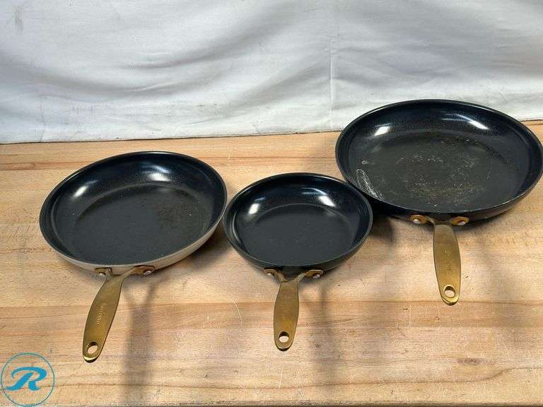 The Original Green Pan: 8qt Stock Pot- Used; The Original Green Pan: 3pc Fry Pan Set- Used; GraniteStone- 2pc Fry Pan Set- Used - Roller Auctions