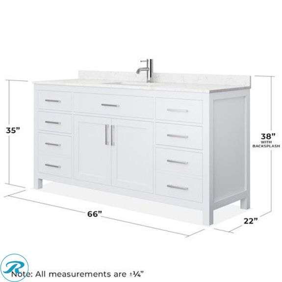 (1) New- Wyndham Collection Beckett 66-in White with Brushed Nickel Trim Undermount Single Sink Bathroom Vanity with Carrara Cultured Marble Cultured Marble Top - Roller Auctions