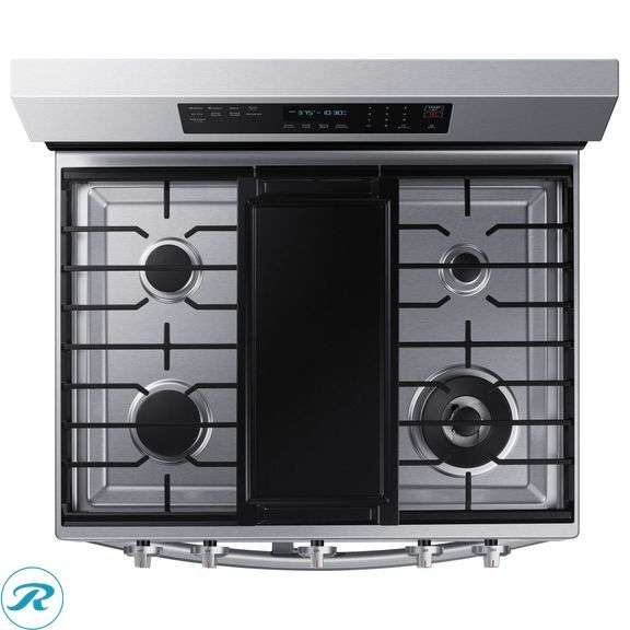 Samsung 6.0 cu. ft. Smart Freestanding Gas Range with Flex Duo and Air Fry - Used - $1,599 Retail, Damaged/Leaking Gas/Notes From Xcel Energy "Thread Of Flex Hose Leaking Into Gas Regulator, Brass Fitting On Face Of Regulator Is Leaking Gas" - Roller Auctions