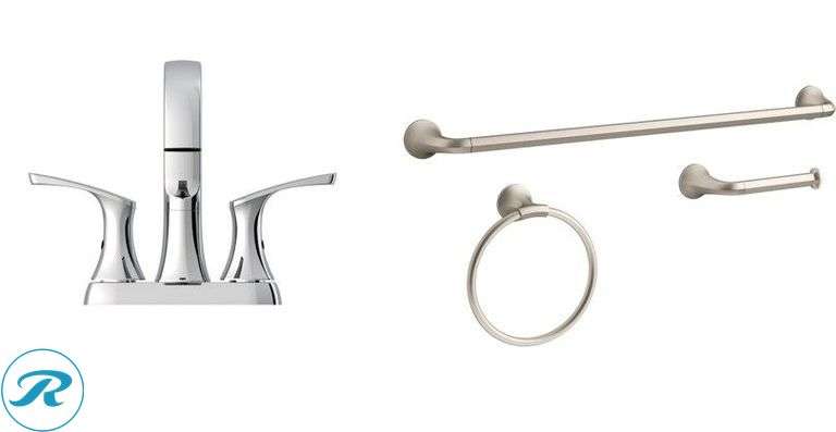 (2) New- (1) Project Source Chrome 4-in centerset 2-handle WaterSense High-arc Residential Handle Bathroom Sink Faucet with Drain with Deck Plate (1) KOHLER 3 -Piece Desette Vibrant Brushed Nickel Decorative Bathroom Hardware Set Towel Bar, Toilet Paper Holder, Towel Ring Included