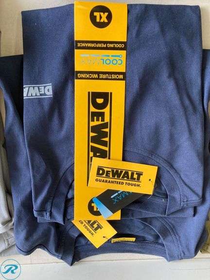 (14) New- (12) DeWalt Men's knit short sleeve graphic t shirts (XL) (blue, Green, black and grey) (2) DPG94 Dominator 8482 safety glass black yellow - Roller Auctions