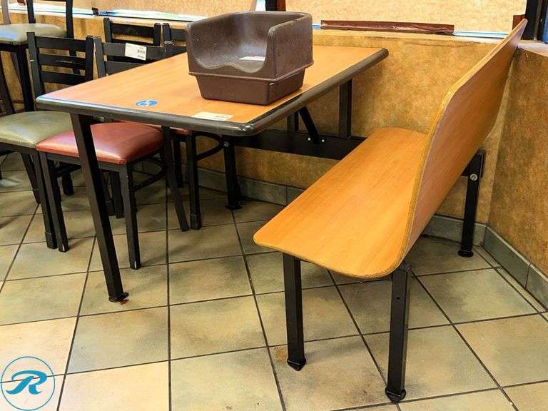 Laminate Wood Table with Attached Bench and Plastic Booster Seat, 42″x30″