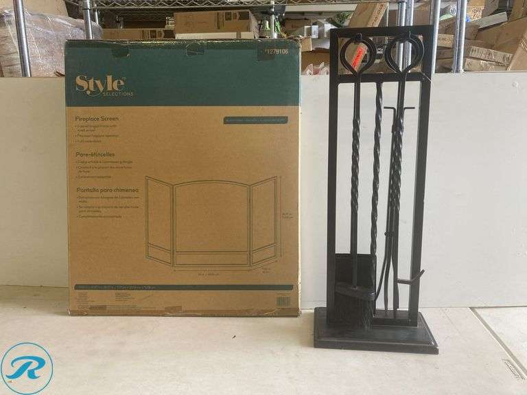 (2) New- (1) Master Forge 48-in Black powder coated Steel 3 -Panel Arched Fireplace Screen (1) Master Forge 5 -Piece Steel Fireplace Tool Set - Roller Auctions