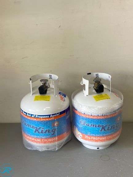 (2) New- Flame King 20lb empty LP cylinder OPD valve built in gauge steel empty propane tank - Roller Auctions