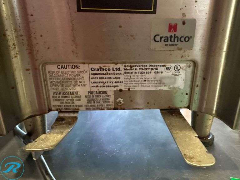 Crathco Model CS-2E/1D-16 Cold Beverage Dispenser, (Missing Dispenser Levers/Nozzles and 1-Lid) - Roller Auctions