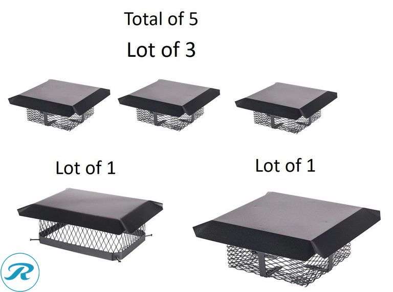 (5) New- (3) Shelter 13-in W x 13-in L Black Galvanized steel Square Chimney Cap (1) Shelter 13.0-in W x 18.0-in L Black Galvanized steel Rectangular Chimney Cap (1) Shelter 13-in W x 13-in L Black Galvanized steel Square Chimney Cap - Roller Auctions