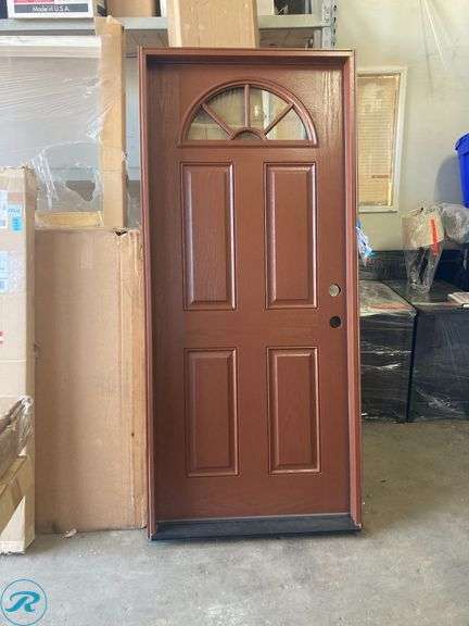 (1) Masonite 34" x 77" x 4 9/16" Fiberglass 1/4" lite left hand Inswing Foxtail painted pre hung front door with brickmold insulating code - Roller Auctions