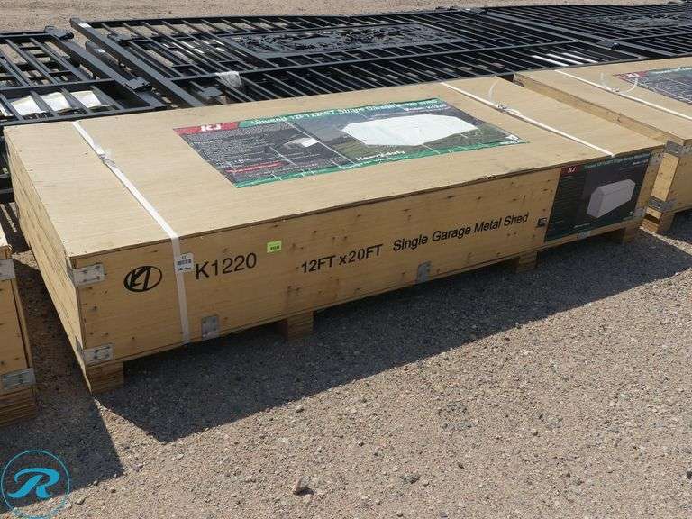 New KJ K1220 Single Garage Metal Shed, 12' x 20' x 9' High - Roller Auctions