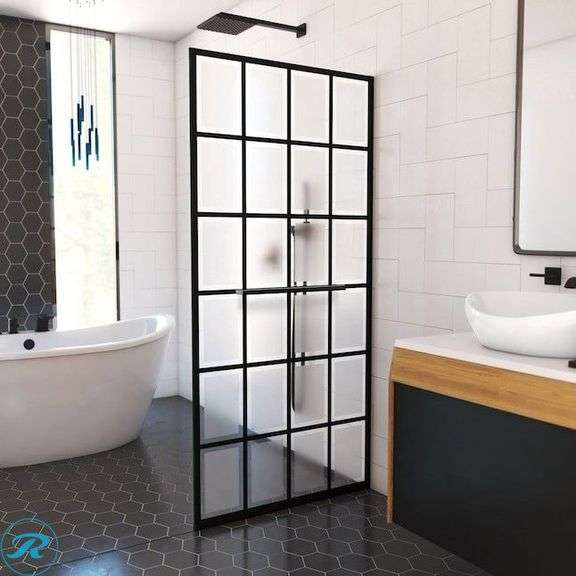 (1) New- DreamLine French Linea Matte Black 34-in W x 72-in H Frameless Frosted Glass Fixed Shower door