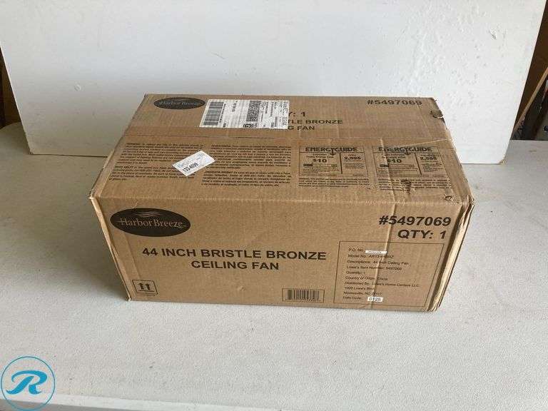 (1) New- Harbor Breeze Bristle 44-in Integrated LED Flush Mount Bronze with Oak Brown Blades Ceiling Fan With Light 5 -Blade ) - Roller Auctions
