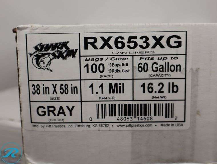 (4) Shark Skin Linear Low Density Can Liners, 60gal, 1.1 mil, 38 x 58, Gray (Case of 100) , RX653XG - New - Roller Auctions