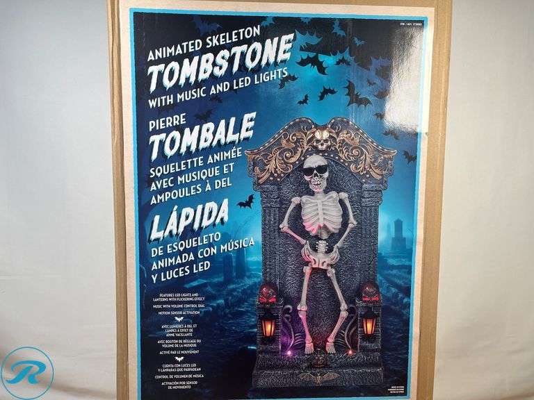 Animated Skeleton Tombstone 3ft W/ Music & LED Lights - New