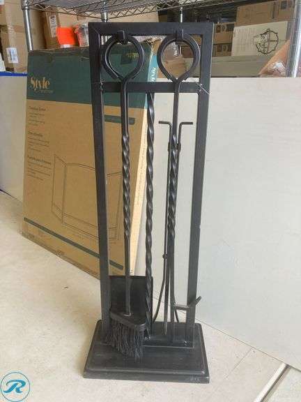 (2) New- (1) Master Forge 48-in Black powder coated Steel 3 -Panel Arched Fireplace Screen (1) Master Forge 5 -Piece Steel Fireplace Tool Set - Roller Auctions
