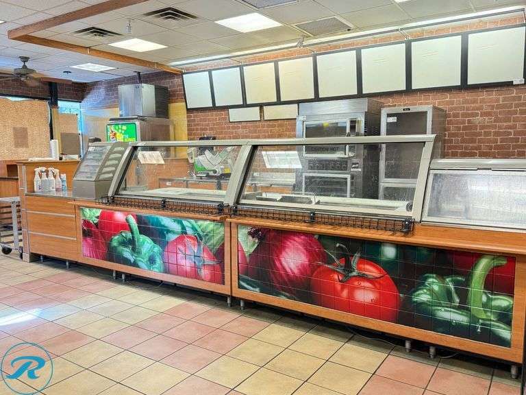 Duke Refrigerated Prep Line With Refrigerated Wells, Sneeze Guards, Hot Food Table, Cashier Table, and Cup Dispenser, 17’7″x2’10”