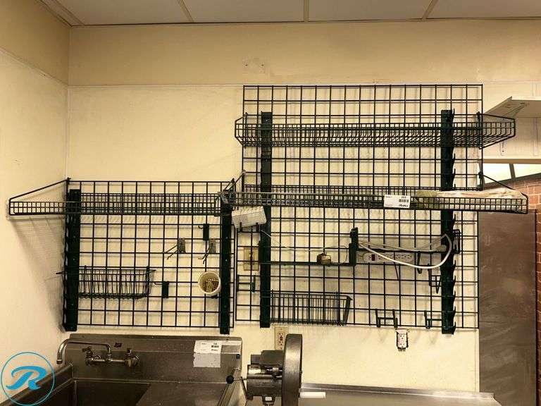 Wall-Mounted Wire Grid Rack System with Integrated Shelves and Baskets