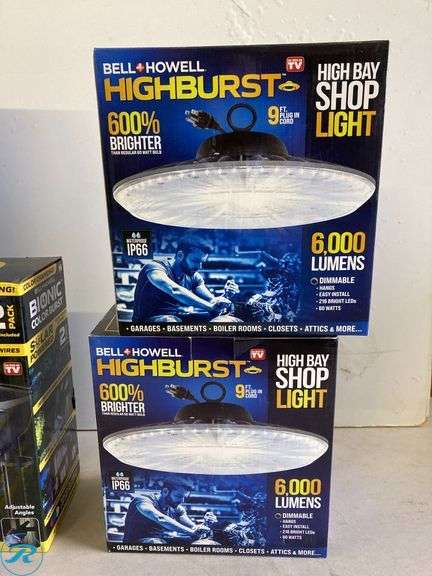 (6) New- (4)BELL + HOWELL 2 -Pack Bionic Lighting 44 -Lumens 0.5 -Watt Black Solar LED Outdoor Path Light ( 6000-K ) (2) BELL + HOWELL 1-ft 6000 Lumens Black Cool White LED Low bay Garage Shop Light - Roller Auctions