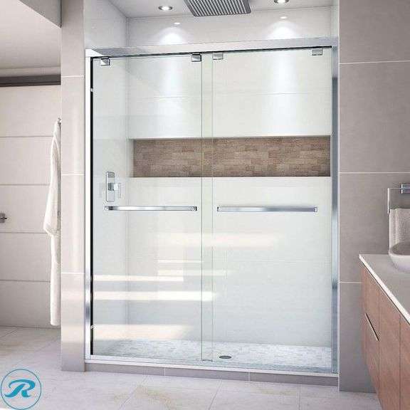 (1) New- DreamLine Encore Chrome 56-in to 60-in W x 76.0-in H Semi-frameless Clear Glass Sliding Shower door