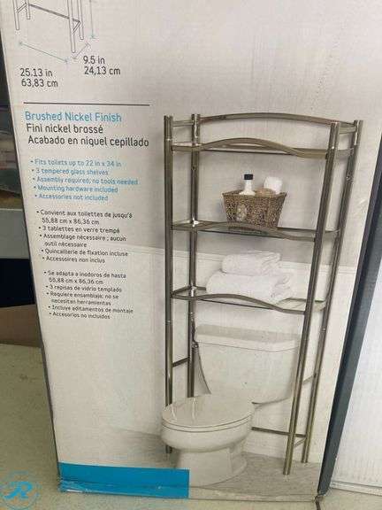 (2) New- (1) allen + roth 25-in x 63.5-in x 9.5-in Brushed Nickel 3-Shelf Over-the-Toilet Storage (1)KOHLER 3 -Piece Desette Vibrant Brushed Nickel Decorative Bathroom Hardware Set Towel Bar, Toilet Paper Holder, Towel Ring Included - Roller Auctions