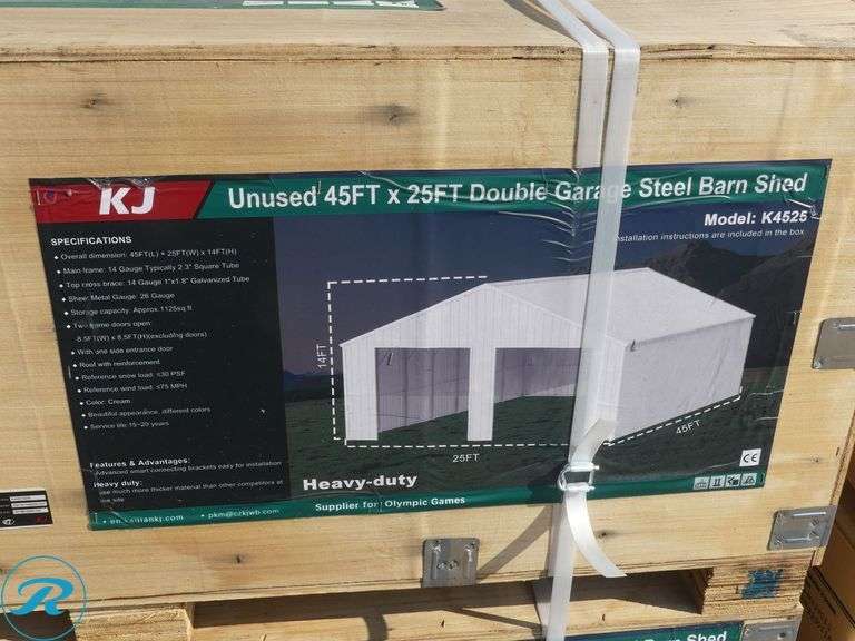 New KJ K4525 Double Garage Steel Barn Shed, 45' x 25' x 14' High - Roller Auctions