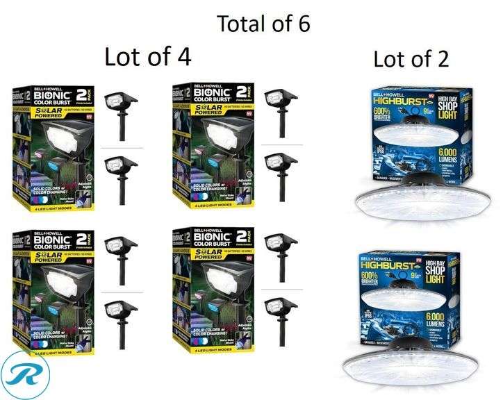 (6) New- (4)BELL + HOWELL 2 -Pack Bionic Lighting 44 -Lumens 0.5 -Watt Black Solar LED Outdoor Path Light ( 6000-K ) (2) BELL + HOWELL 1-ft 6000 Lumens Black Cool White LED Low bay Garage Shop Light - Roller Auctions