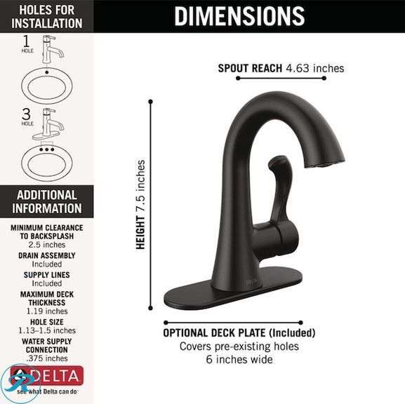 (1) New- Delta Esato Matte Black Single hole 1-handle WaterSense Mid-arc Residential Handle Bathroom Sink Faucet with Drain with Deck Plate - Roller Auctions