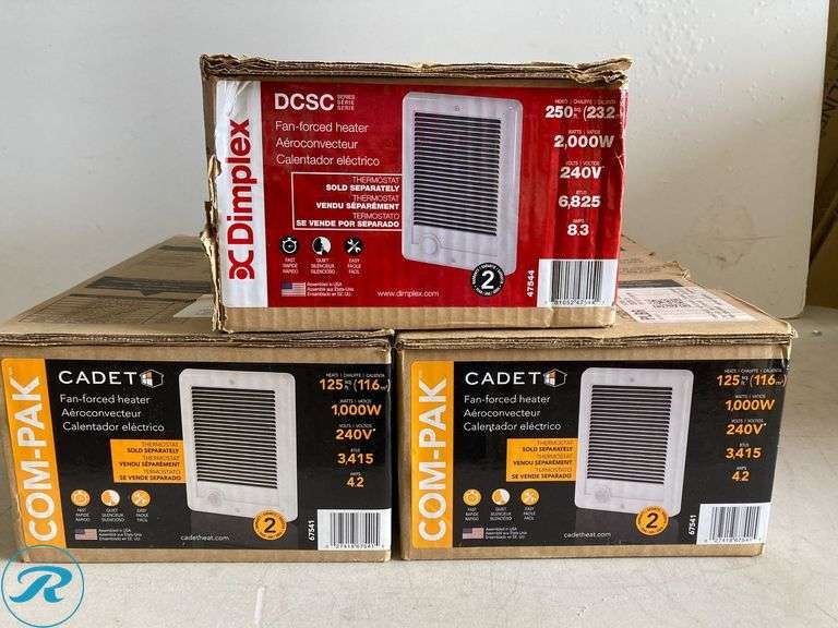 (3) New- (2) Cadet Com-Pak Up to 2000-Watt 208/240 -Volt Heater fan Heater ( 4-in L x 12-in H Grille ) (1)Dimplex DCSC Up to 2000-Watt 240 -Volt Forced air Heater ( 4-in L x 12-in H Grille ) - Roller Auctions