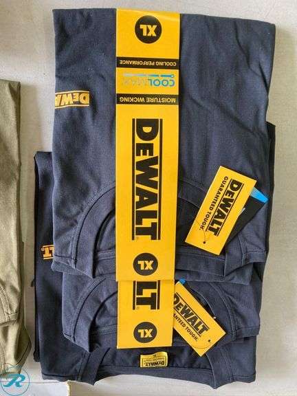 (14) New- (12) DeWalt Men's knit short sleeve graphic t shirts (XL) (blue, Green, black and grey) (2) DPG94 Dominator 8482 safety glass black yellow - Roller Auctions