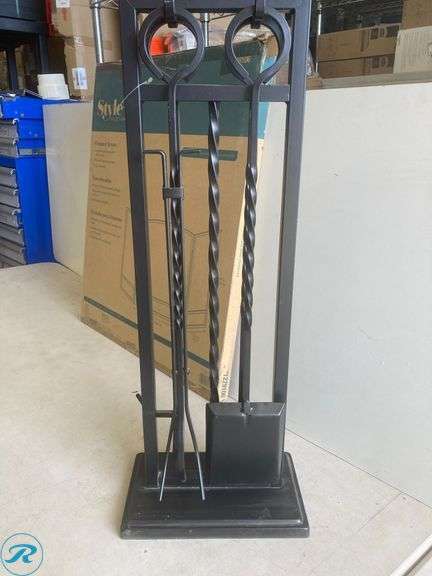(2) New- (1) Master Forge 48-in Black powder coated Steel 3 -Panel Arched Fireplace Screen (1) Master Forge 5 -Piece Steel Fireplace Tool Set - Roller Auctions