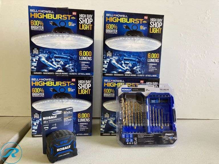 (6) New-Assorted Tools and lightening (high bay led shop light drill bit set, tape measure) - Roller Auctions