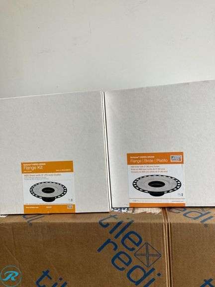 (3) New- (1) Schluter Systems Kerdi-Drain 2-in Black Round Flange (1) Schluter Systems Kerdi-Drain 3-in Grey Round Flange (1) Tile Redi 32-in W x 60-in L Center Made for Tile Single Threshold Rectangle Shower Pan Base Kit with 4.5-in H Threshold - Roller Auctions