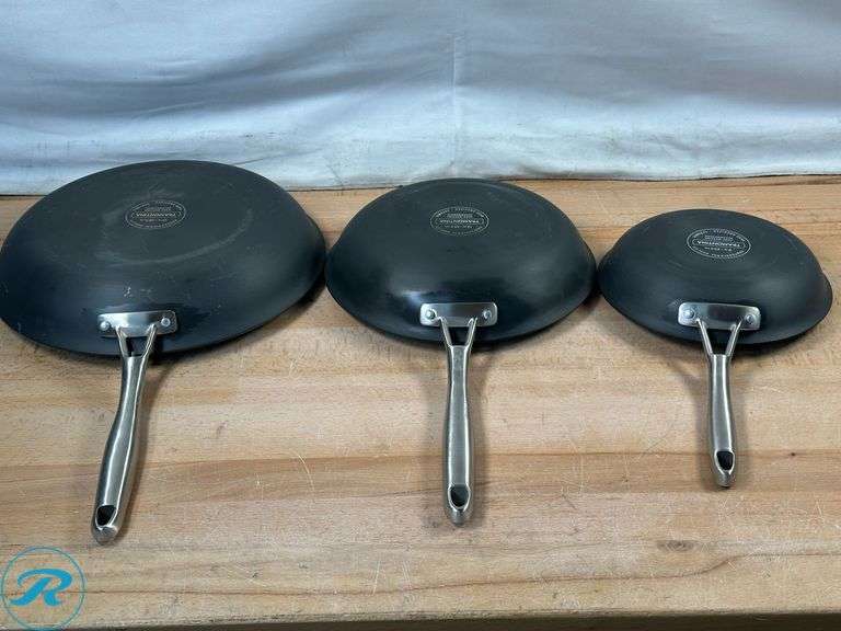 Linkfair: Stainless Steel BBQ Baskets, 2-pack- New; The Original Green Pan: 3pc Fry Pan Set- Like New; Tramontina: 3pc Fry Pan Set- Used - Roller Auctions