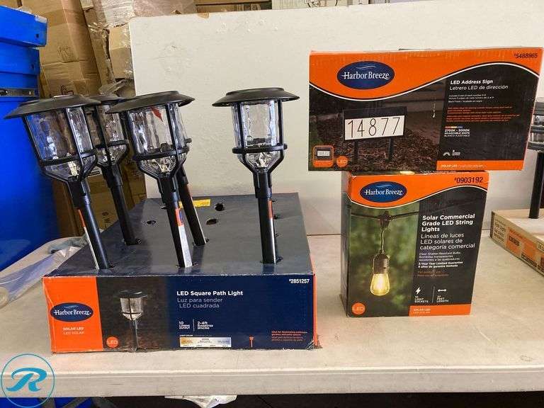 (8) New- (6) Harbor Breeze Path light 10 -Lumens Black Solar LED Outdoor Path Light ( 3000-K ) (1) Harbor Breeze 12 -Lumens 0.3 -Watt Black Solar LED Outdoor Path Light ( 5000-K ) (1) Harbor Breeze 27-ft Solar Black Indoor/Outdoor String Light with 10 White -Light LED Edison Bulbs - Roller Auctions
