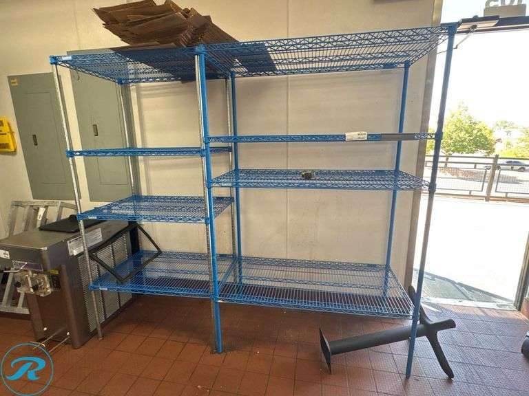 (2) Wire Racks with Blue Shelving, 48” x 24” x 72”H and 36” x 24” x 72”H