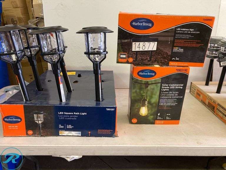 (8) New- (6) Harbor Breeze Path light 10 -Lumens Black Solar LED Outdoor Path Light ( 3000-K ) (1) Harbor Breeze 12 -Lumens 0.3 -Watt Black Solar LED Outdoor Path Light ( 5000-K ) (1) Harbor Breeze 27-ft Solar Black Indoor/Outdoor String Light with 10 White -Light LED Edison Bulbs - Roller Auctions