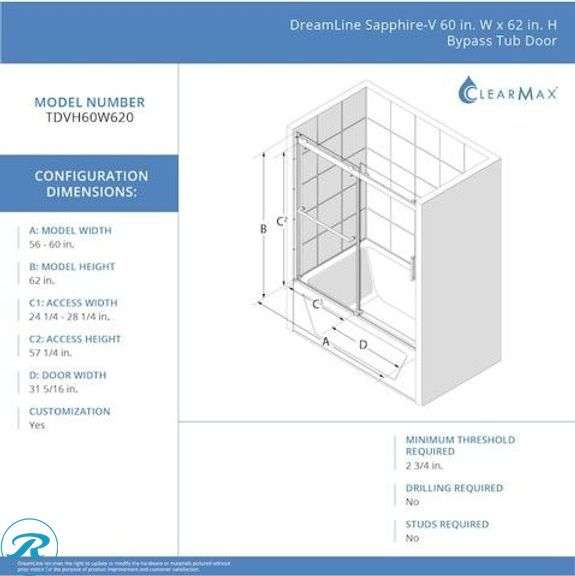 (1) New- DreamLine Sapphire-V Oil Rubbed Bronze 56-in to 60-in W x 62-in H Semi-Frameless Bypass Sliding Bathtub Door - Roller Auctions