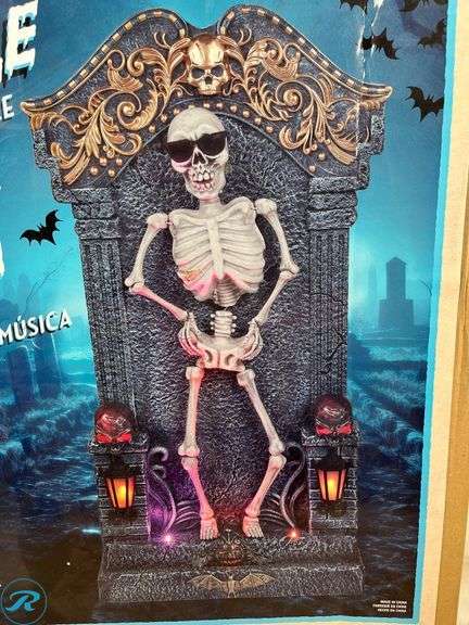 Animated Skeleton Tombstone 3ft W/ Music & LED Lights - New - Roller Auctions