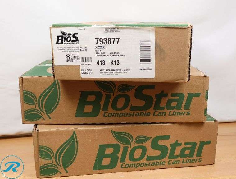 (3) BioStar BS45G 40-45 Gallon 1 Mil 40" X 46" Compostable Trash Can Liner - 100/Case - New - Roller Auctions