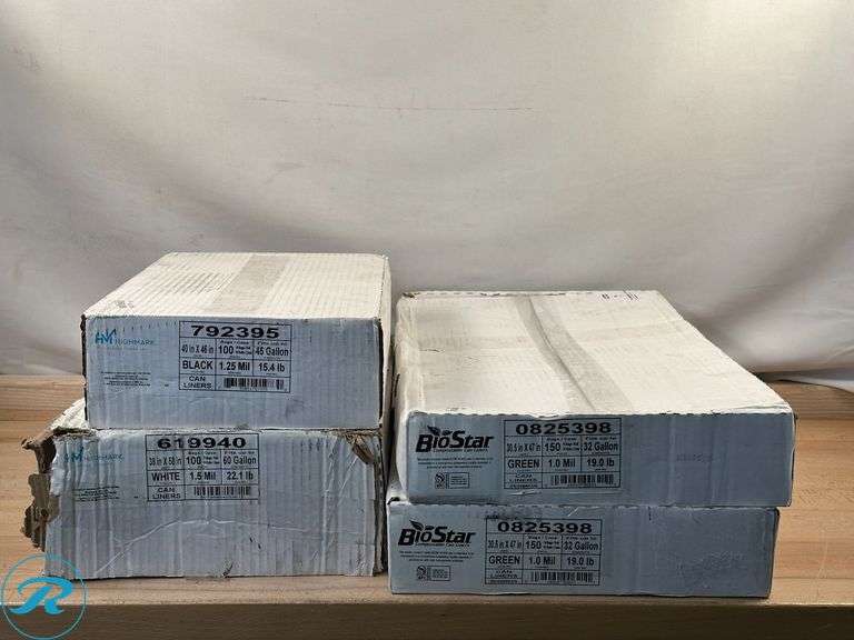 Highmark™ Linear Low Can Liners, 1.5-mil, 60 Gallons, 38" x 58", White, Box Of 100- New; Highmark™ Repro Trash Liners, 1.25 mil, 40 To 45 Gallons, 70% Recycled, Black, Box Of 100 Liners- New; Highmark™ Bio Star Compostable 1-mil Trash Can Liners, 32 Gallons, Green, Pack Of 150- New - Roller Auctions