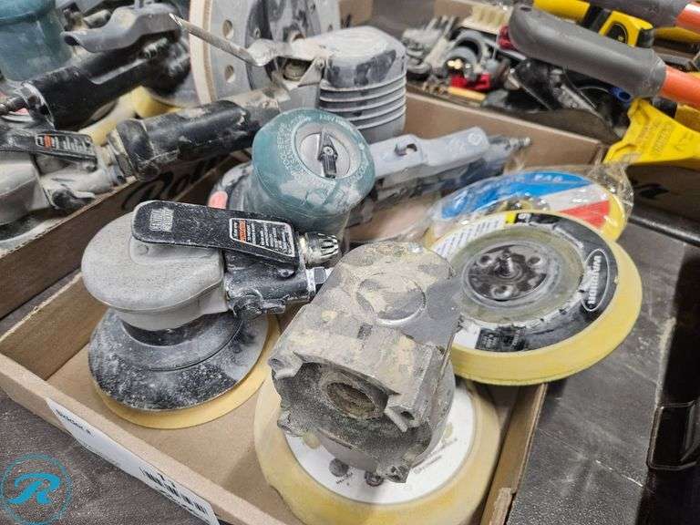 Tray of Pneumatic Orbital Sanders, Pads, and Accessories - Roller Auctions