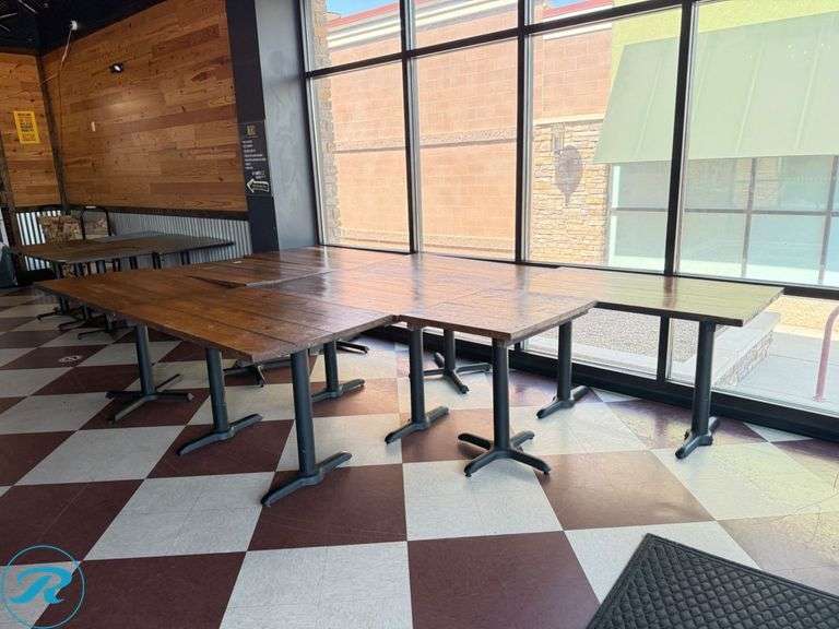 Wood Dining Tables with Black Metal Bases, (7) 48 in x 29 in and (1) 24 in x 29 in