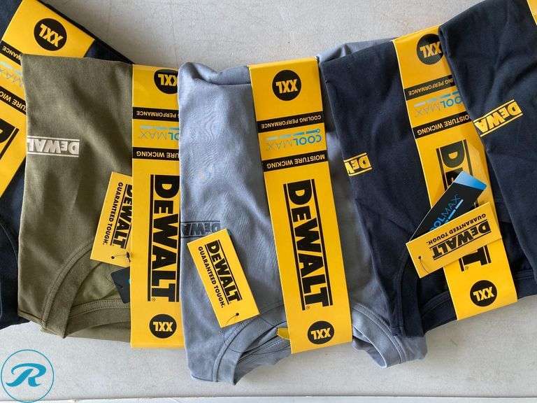 (6) New- DeWalt Mens knit short sleeve graphic t shirts (2xl) (black, grey, Green) See photos - Roller Auctions