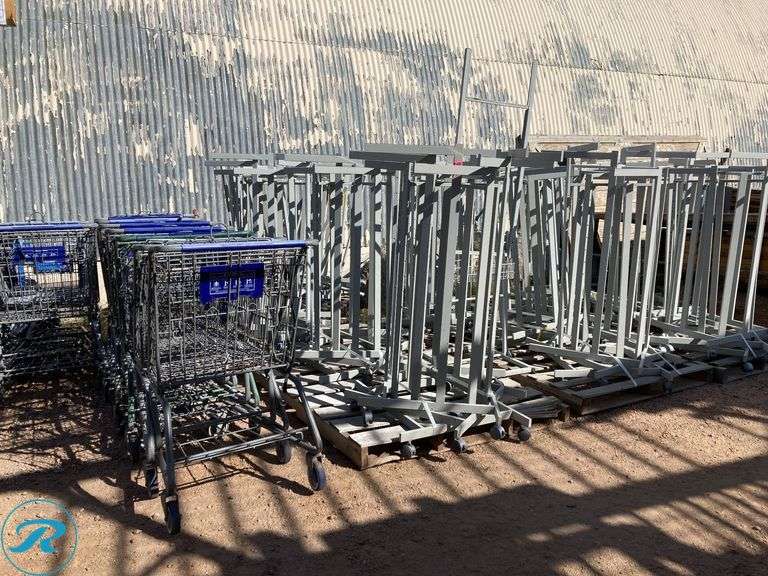 (148) Clothing Racks and supply (shopping carts, smart sign plastic and hooks) - Roller Auctions