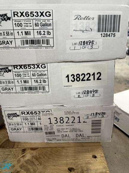 (3) Shark Skin Linear Low Density Can Liners, 60gal, 1.1 mil, 38 x 58, Gray (Case of 100) , RX653XG - New - Roller Auctions