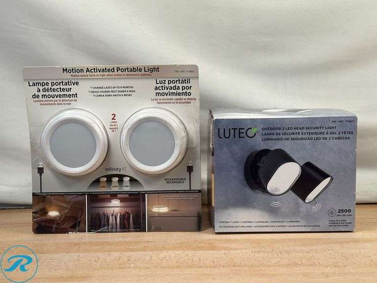 Infinity X1: Motion Activated Portable Light- Like New/ Damaged Packaging; Lutec: Outdoor 2 LED Head and Security Light- New/ Open Box - Roller Auctions