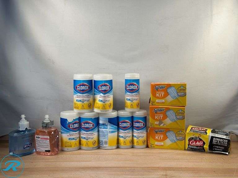 (14) Assorted Cleaning and Bathroom Supplies- New/ Gojo, (2) Clorox, and Glad have damaged packaging