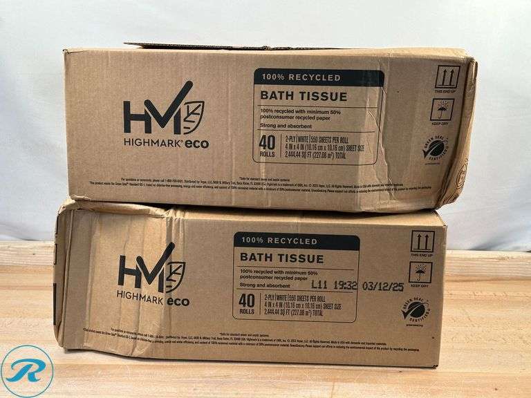 (2) Highmark® ECO 2-Ply Toilet Paper, 100% Recycled, 550 Sheets Per Roll, Case Of 40 Rolls- New/ Damaged Box - Roller Auctions