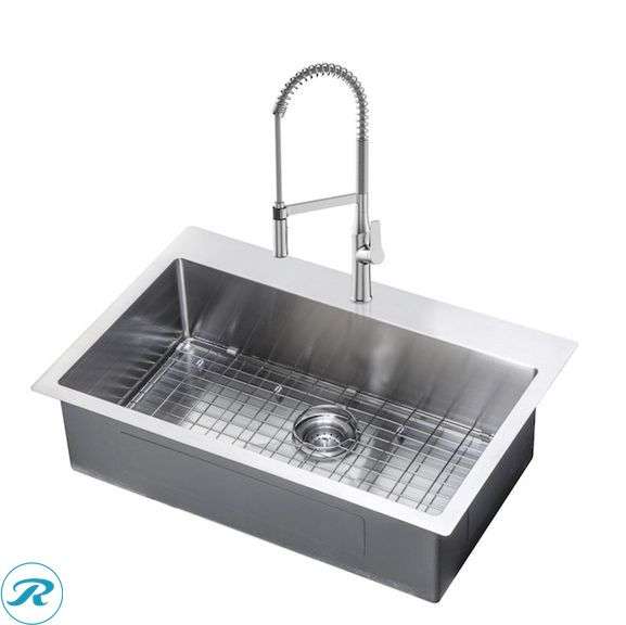 (1) New- allen + roth Alden Drop-in or undermount 33-in x 22-in Stainless steel Single bowl 18 -Gauge Kitchen Sink All-in-One Kit - Roller Auctions