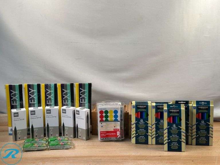 (5) 3Doodler: Create FLEXY Mix Plastic, Pack Of 25 Strands;(5) Office Depot® Brand: Callisto Pens,Black Ink, 12ct Pens- New; (4) Das Junior: Modeling Clay Blocks, 3.5 Oz- New; (5) Office Depot® Brand:  Removable Round Color-Coding Labels- New; (25) Sargent Art Color Pencils, Assorted Colors, Box Of 12