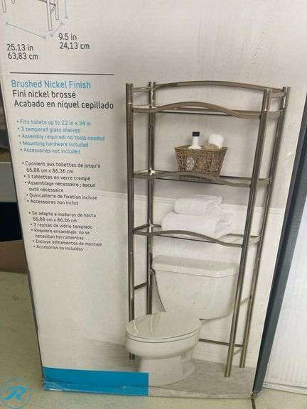 (2) New- (1) allen + roth 25-in x 63.5-in x 9.5-in Brushed Nickel 3-Shelf Over-the-Toilet Storage (1)KOHLER 3 -Piece Desette Vibrant Brushed Nickel Decorative Bathroom Hardware Set Towel Bar, Toilet Paper Holder, Towel Ring Included - Roller Auctions